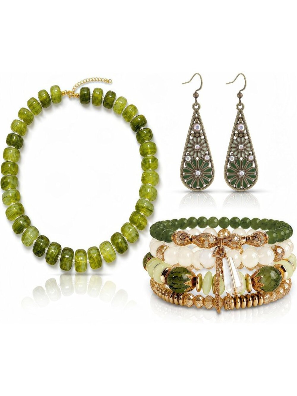 Boho Jewelry Set for Women | 3-Piece Necklace, Earrings & Bracelet | Green